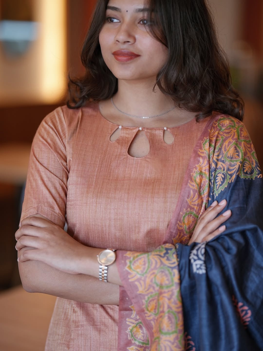 Silk Kurti With Pearl Detailed Neckline Suit Set