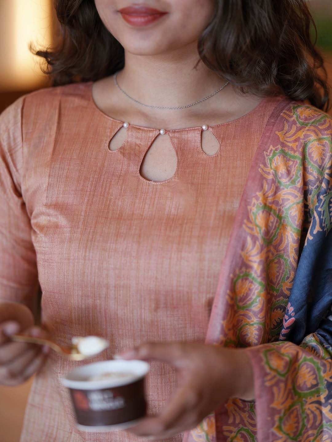 Silk Kurti With Pearl Detailed Neckline Suit Set