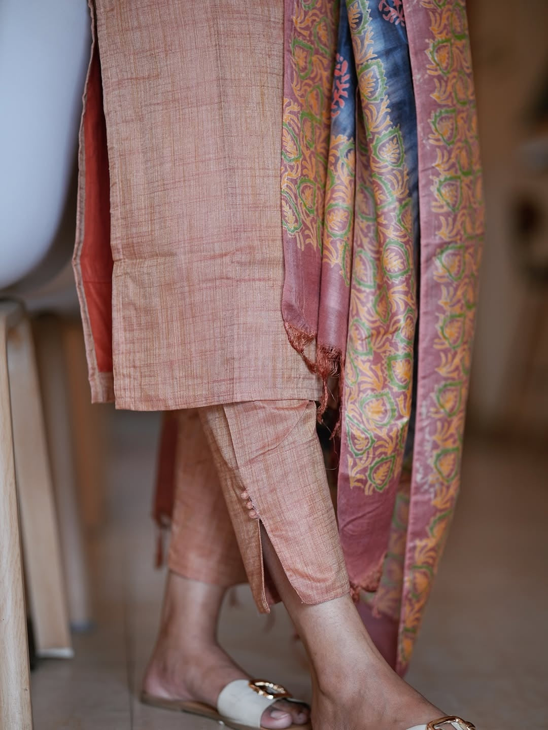 Silk Kurti With Pearl Detailed Neckline Suit Set